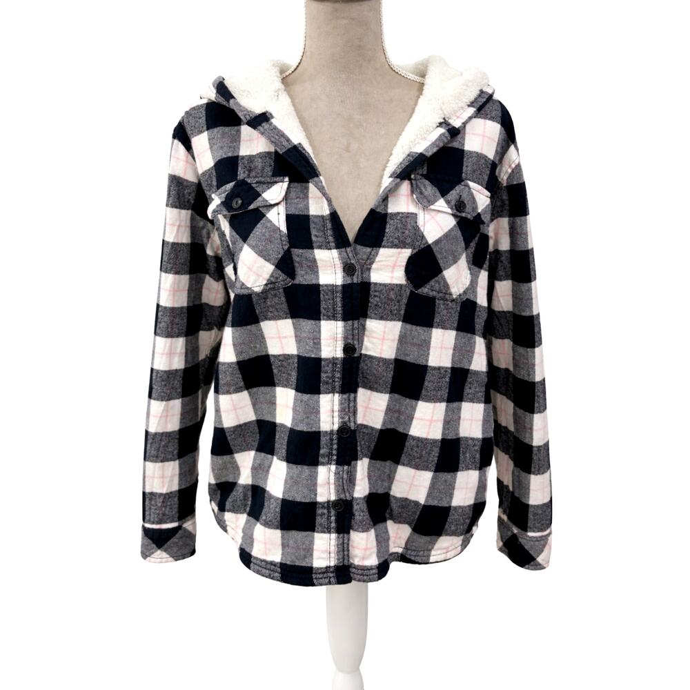 Boston Traders Womens Hooded Plaid Flannel Jacket Cotton Sherpa Lined Cozy Large